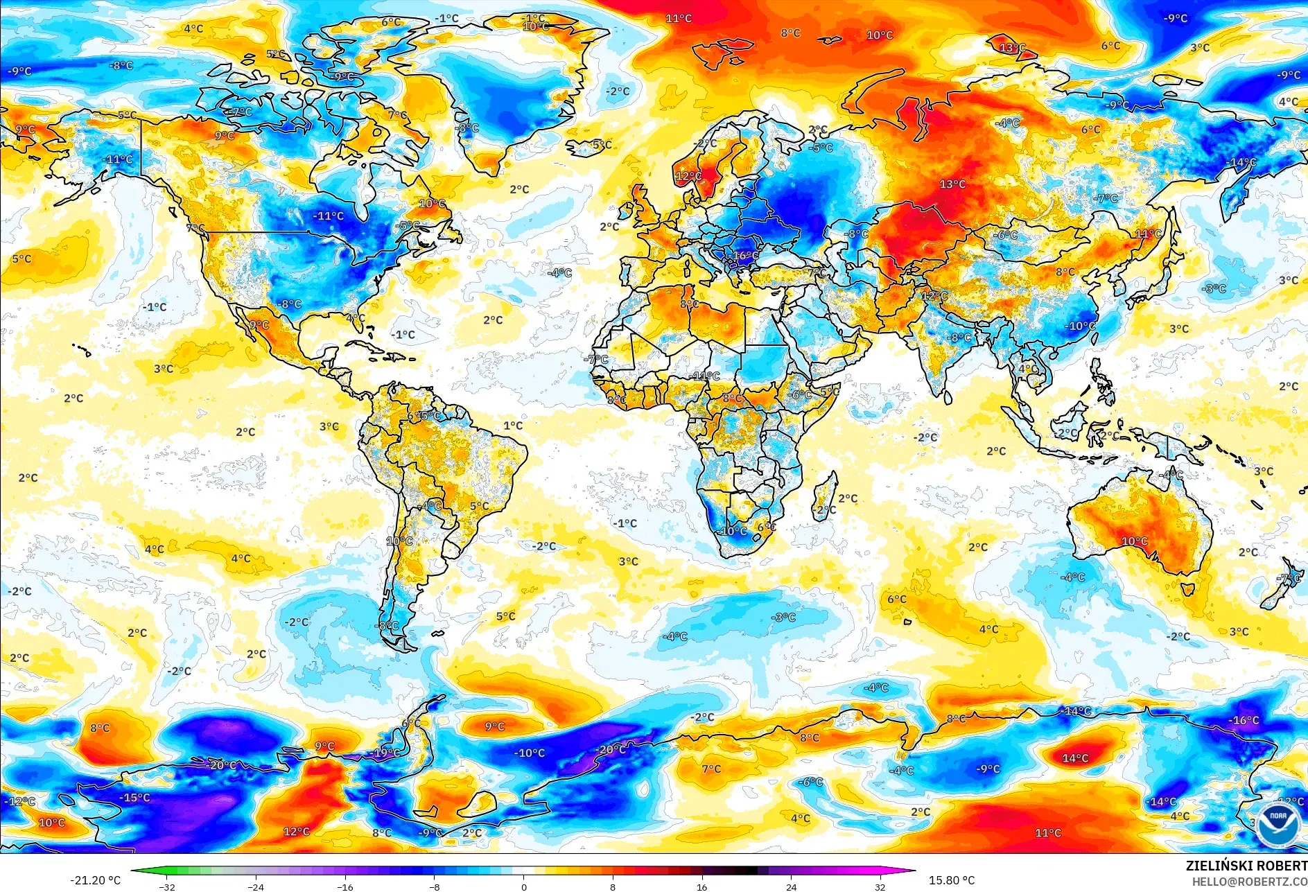 GFS model - Dünya, 2 m Sıcaklık Anomalisi