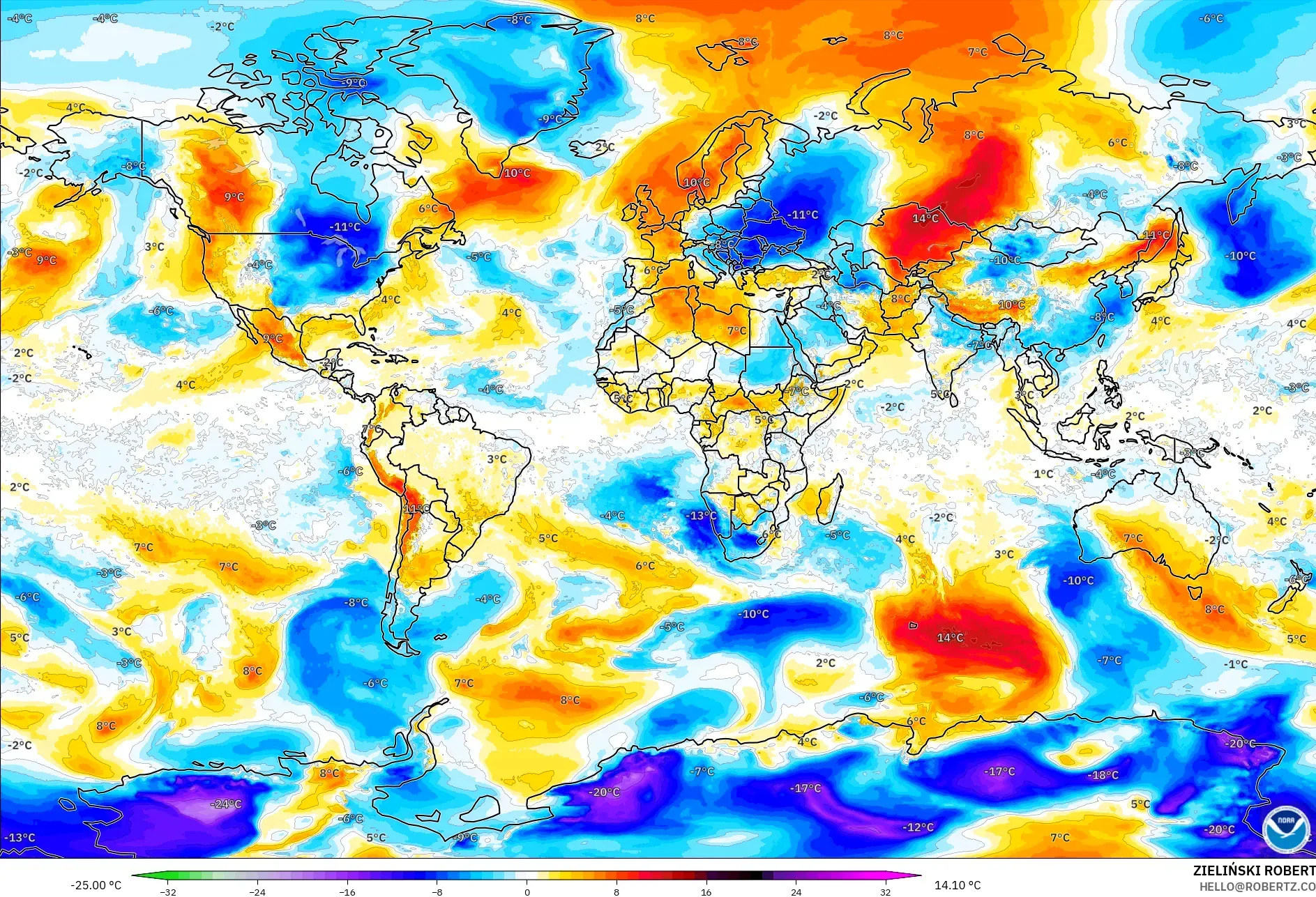 GFS model - Dünya, 850 hPa Sıcaklık Anomalisi