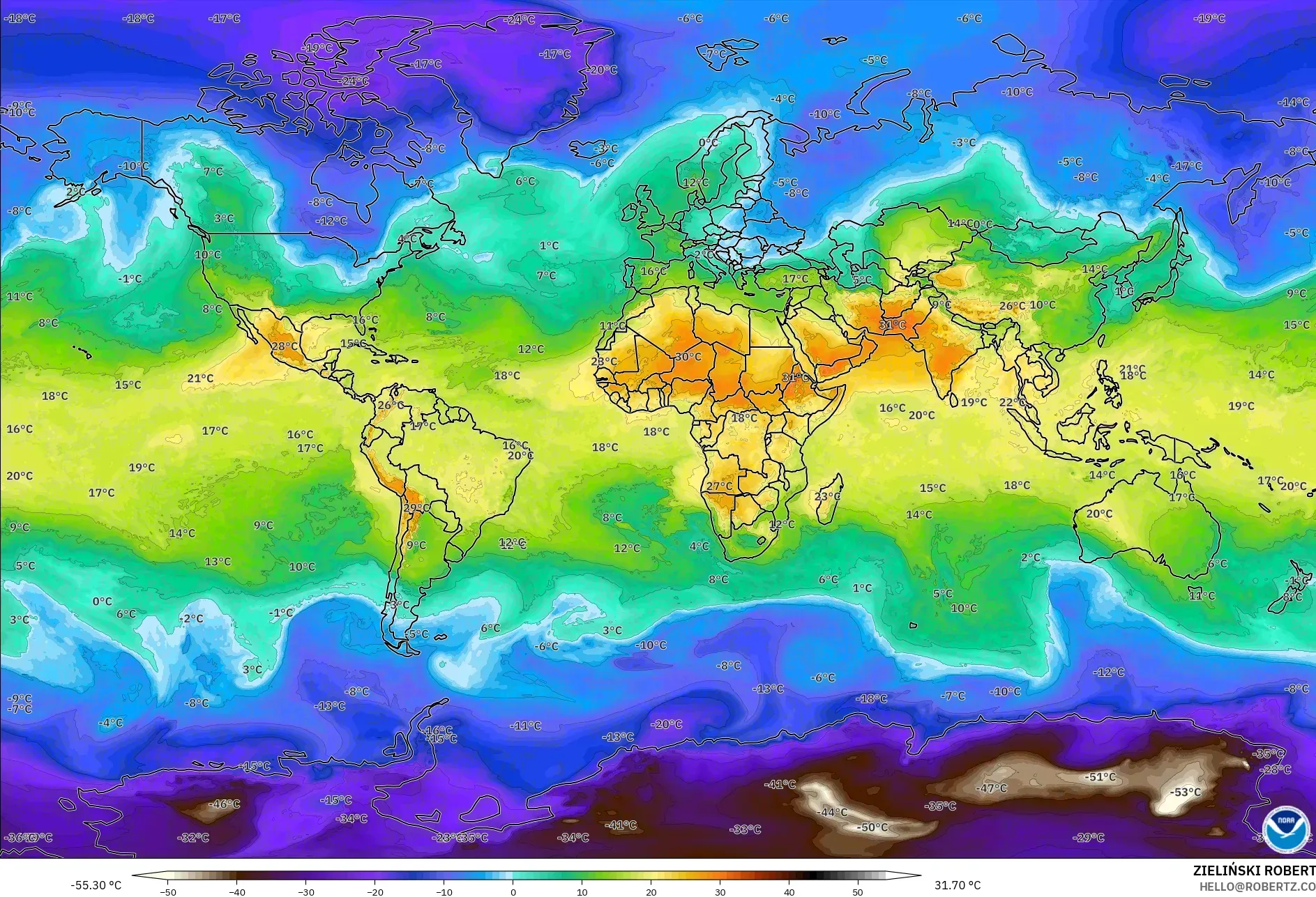 GFS model - Dünya, 850 hPa Sıcaklık