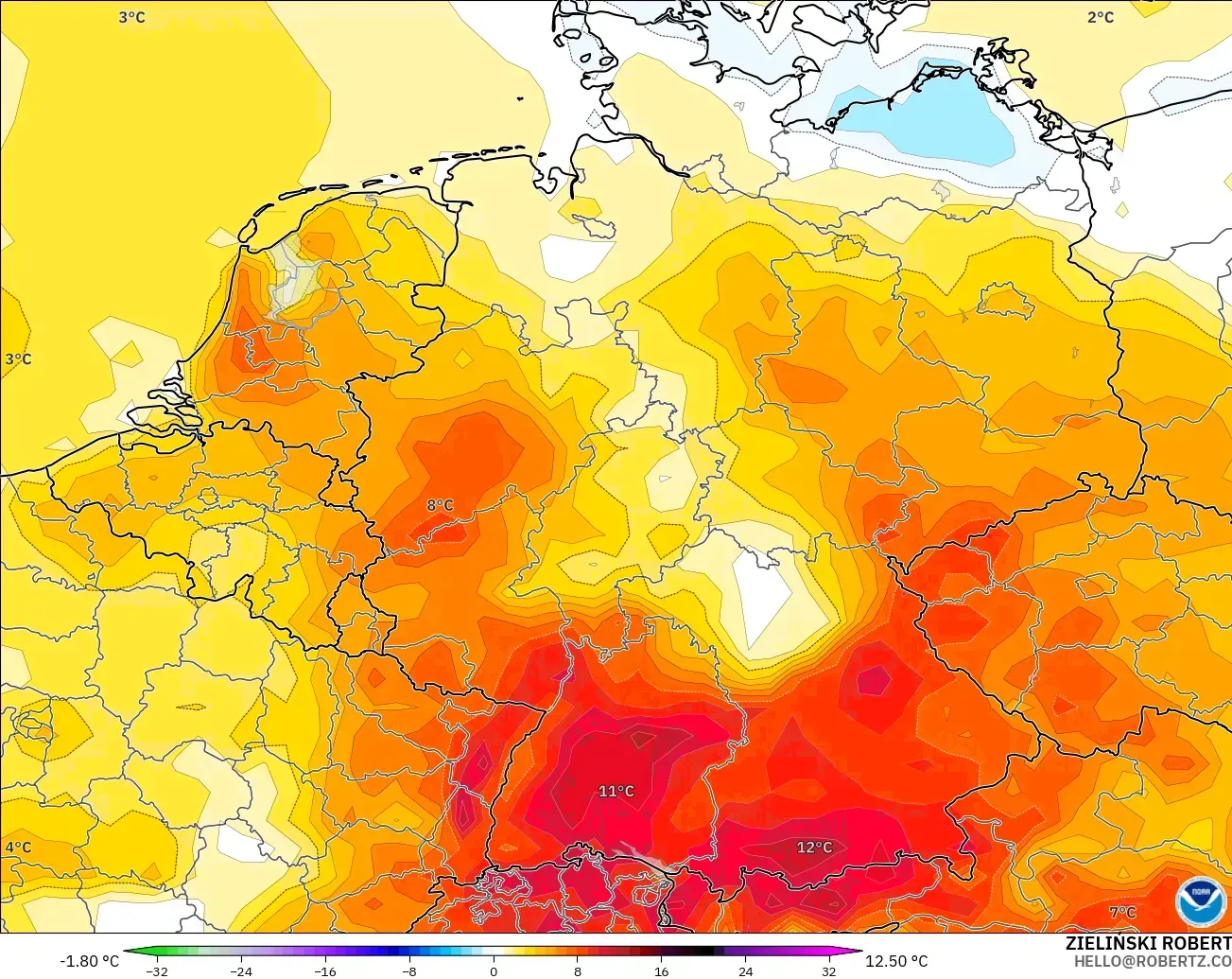 GFS model - Almanya, 2 m Sıcaklık Anomalisi