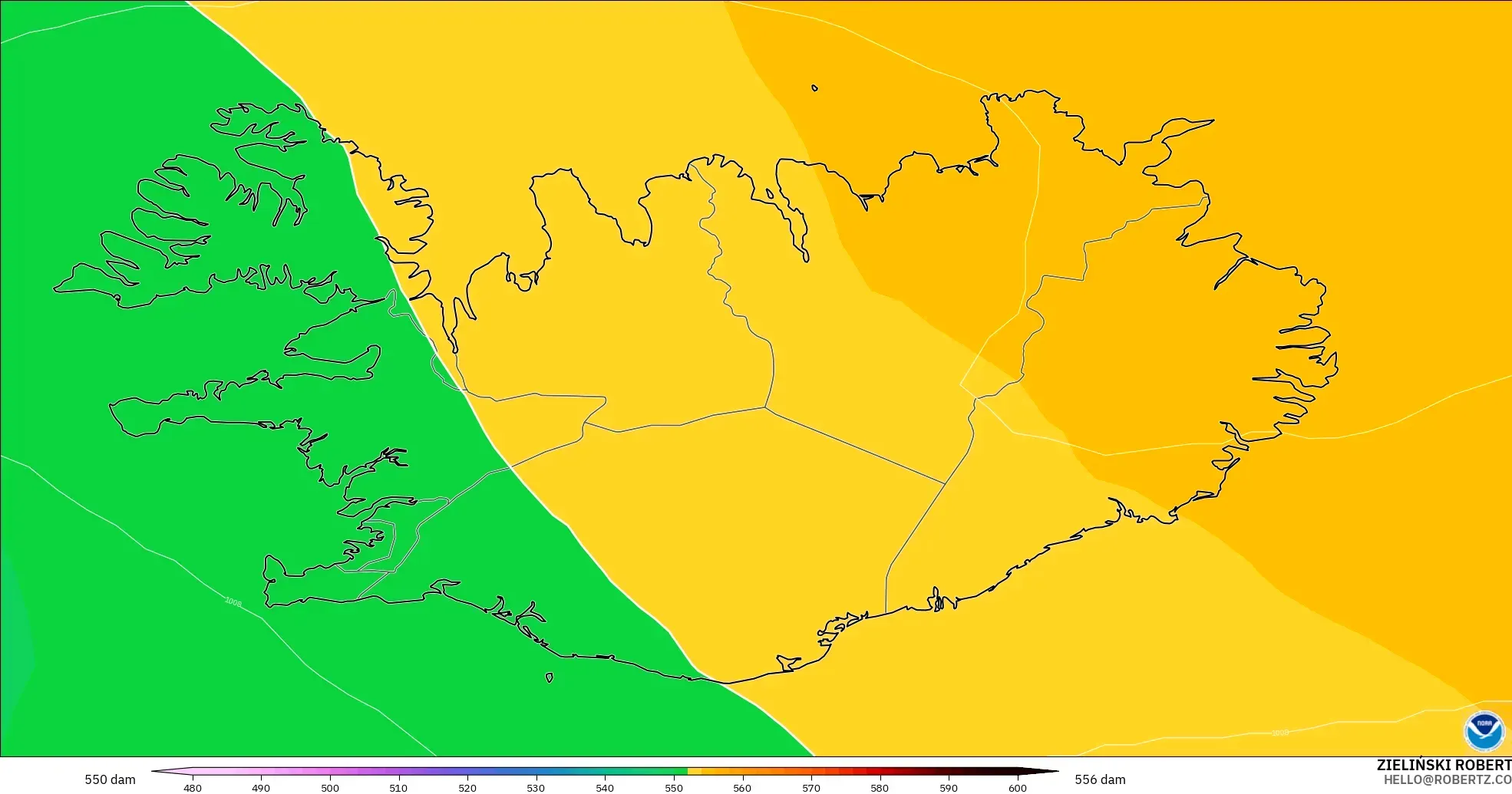 GFS model - İzlanda, 500 hPa’da jeopotansiyel yükseklik