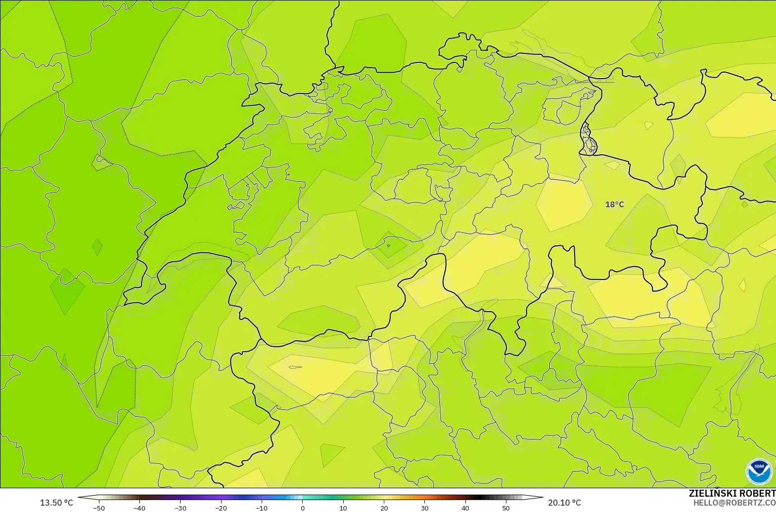 GFS model - İsviçre, 850 hPa Sıcaklık