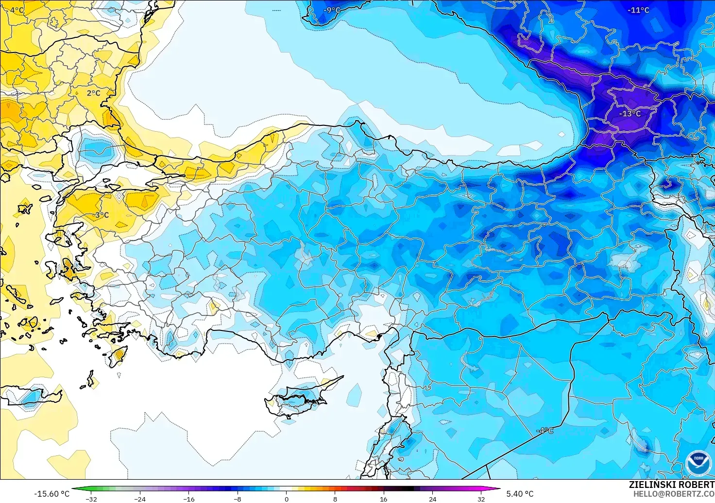 GFS model - Türkiye, 2 m Sıcaklık Anomalisi