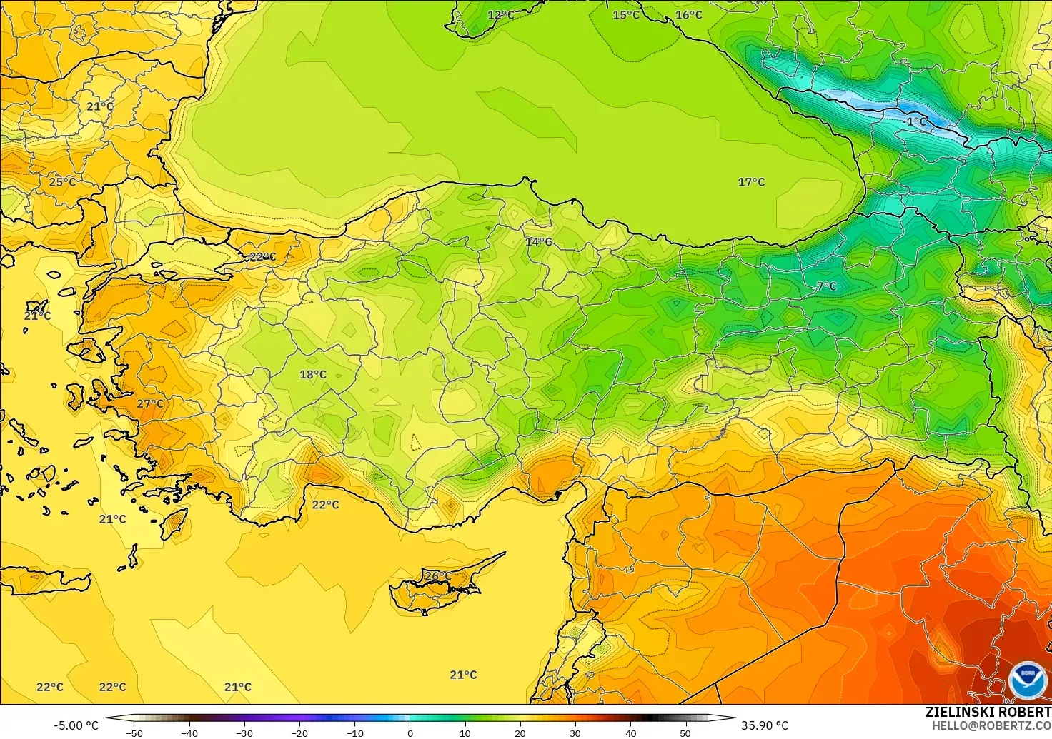 GFS model - Türkiye, 2 m Sıcaklık