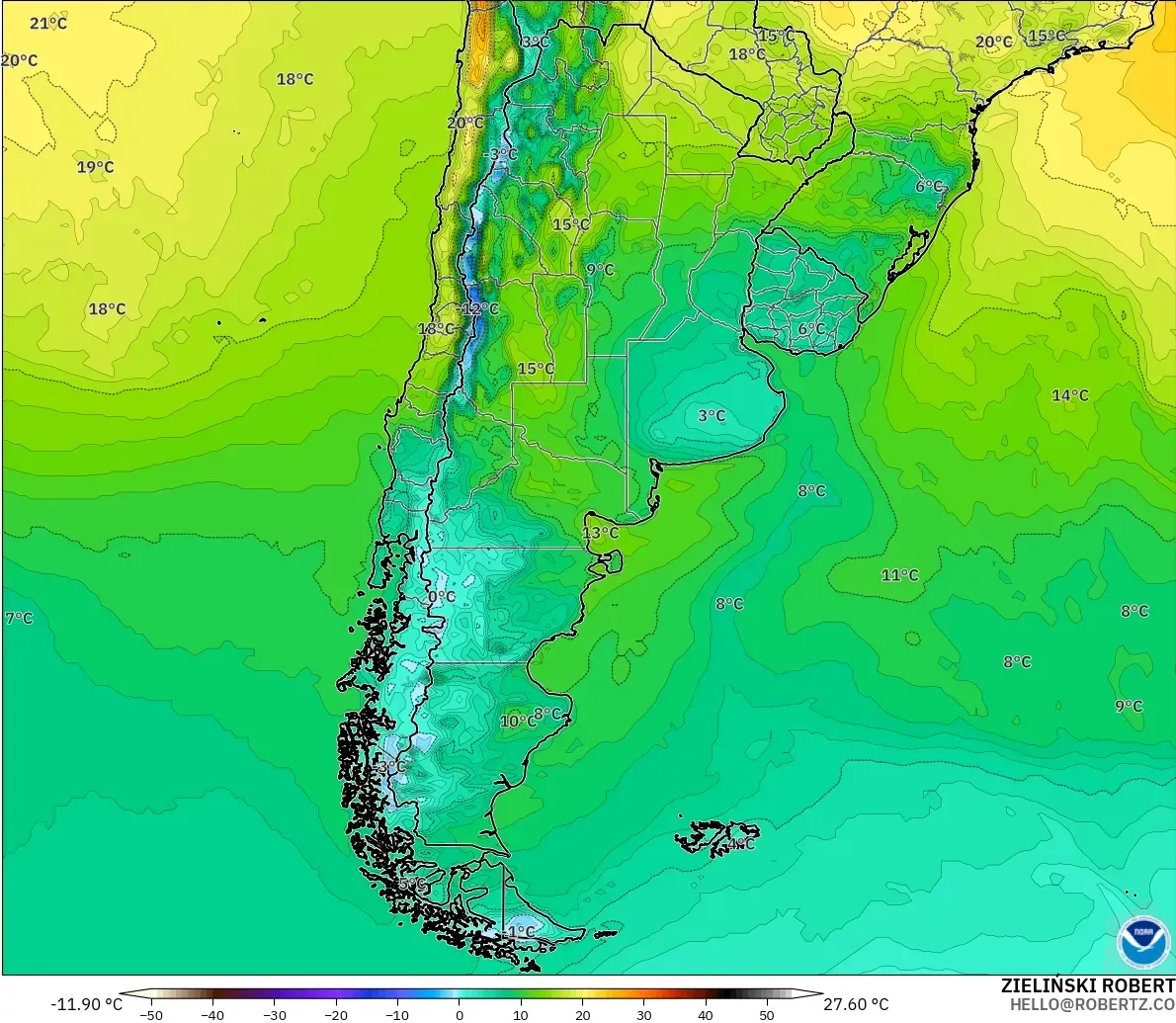 GFS model - Arjantin, 2 m Sıcaklık