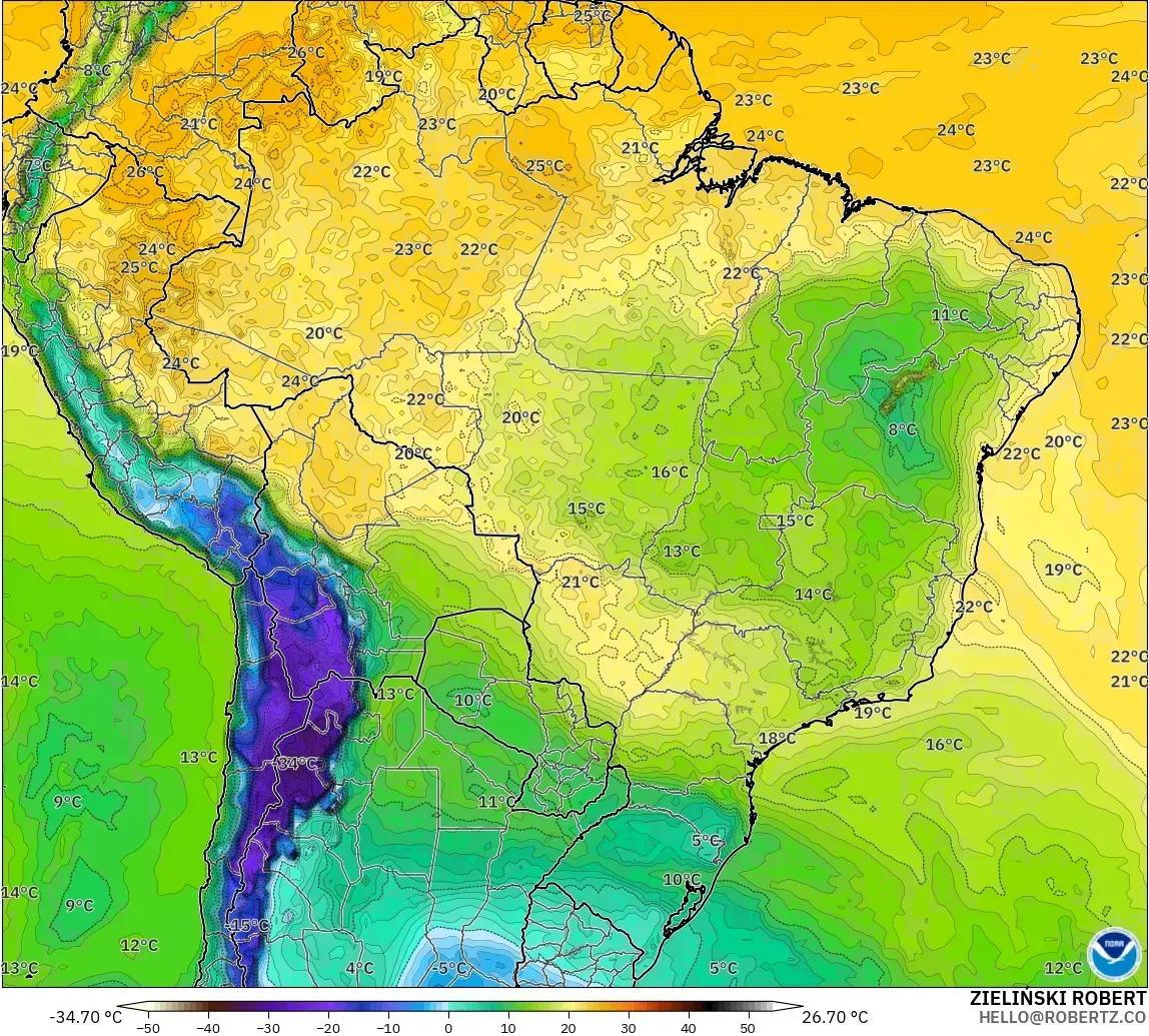 GFS model - Brezilya, 2 m Çiy Noktası