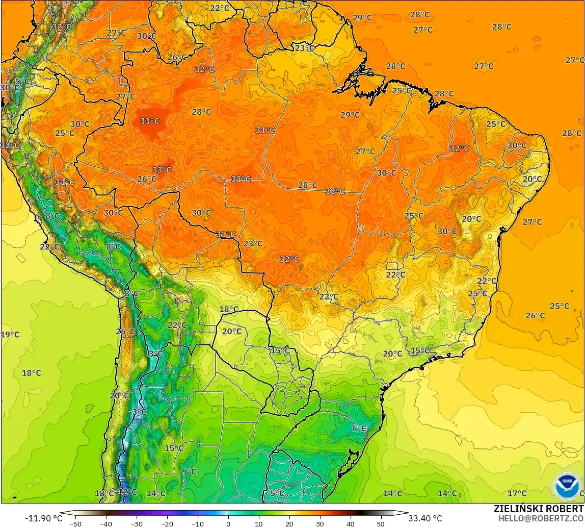 GFS model - Brezilya, 2 m Sıcaklık