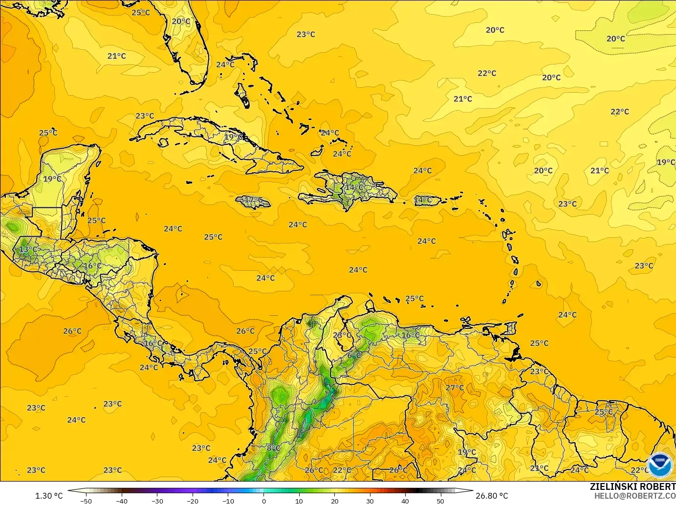 GFS model - Karayipler, 2 m Çiy Noktası