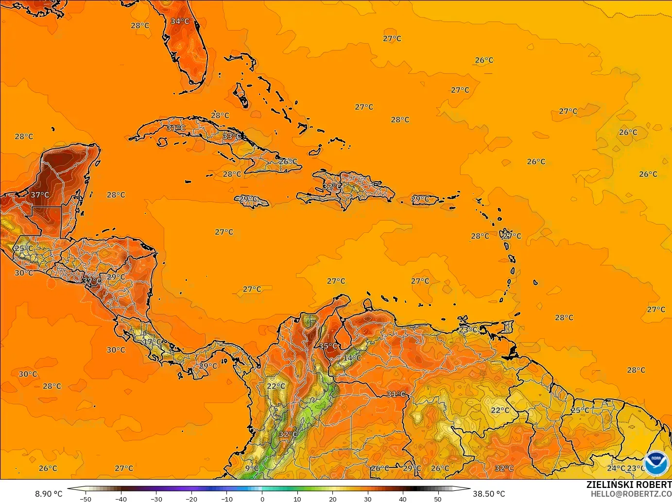 GFS model - Karayipler, 2 m Sıcaklık