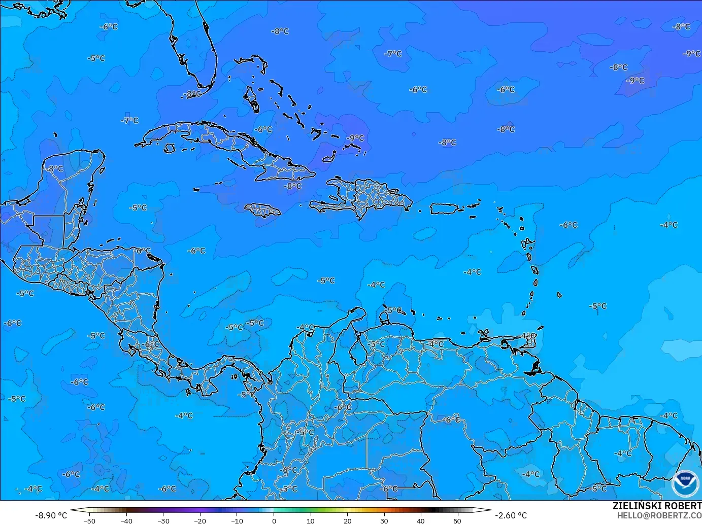 GFS model - Karayipler, 500 hPa Sıcaklık