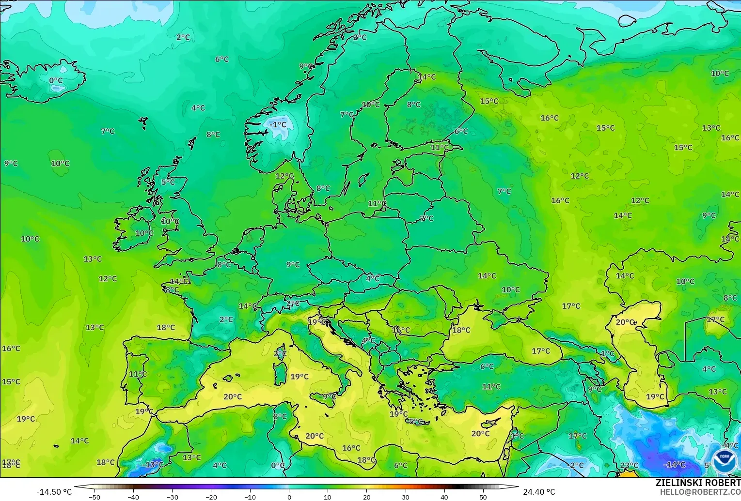 GFS model - Avrupa, 2 m Çiy Noktası