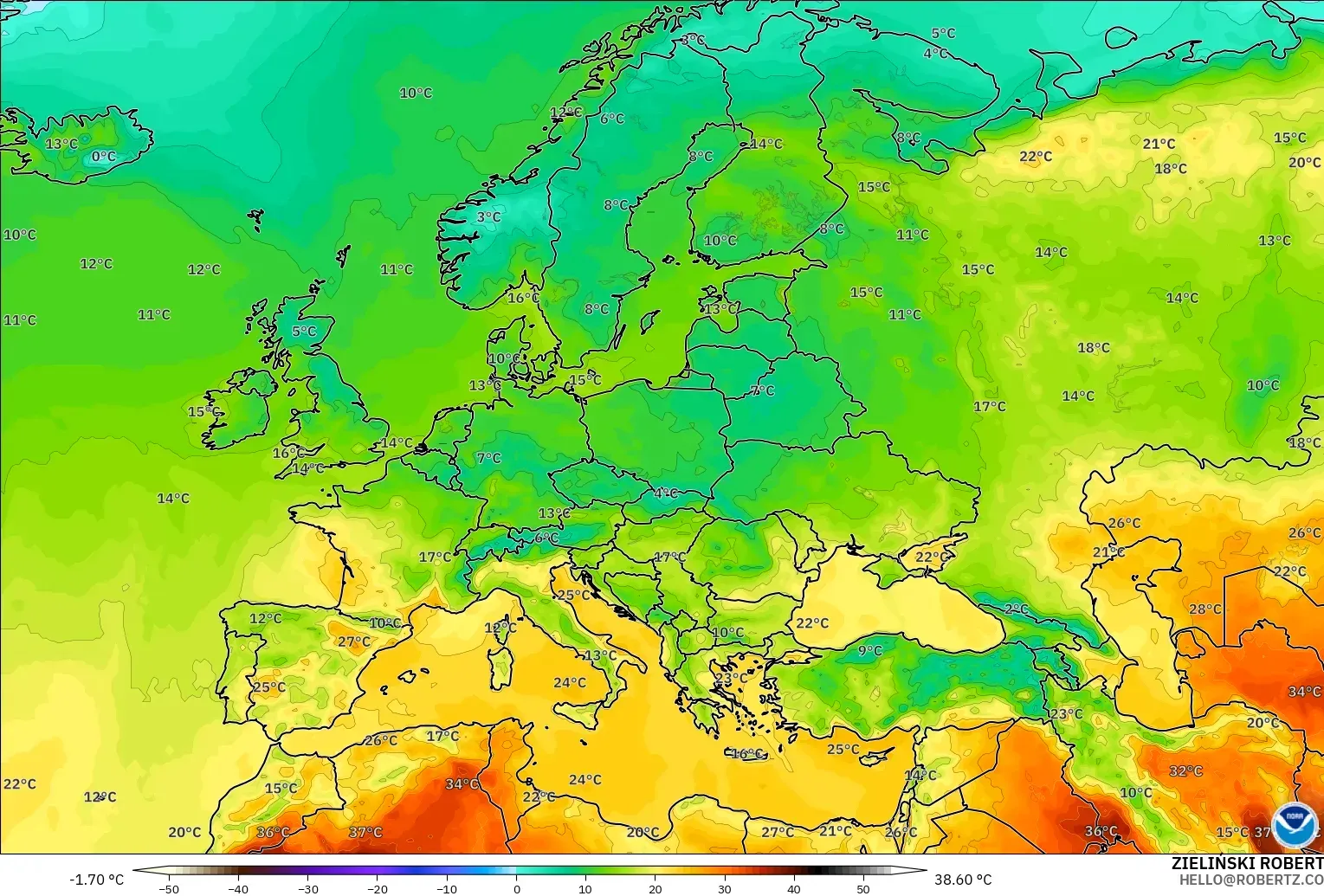 GFS model - Avrupa, 2 m Sıcaklık