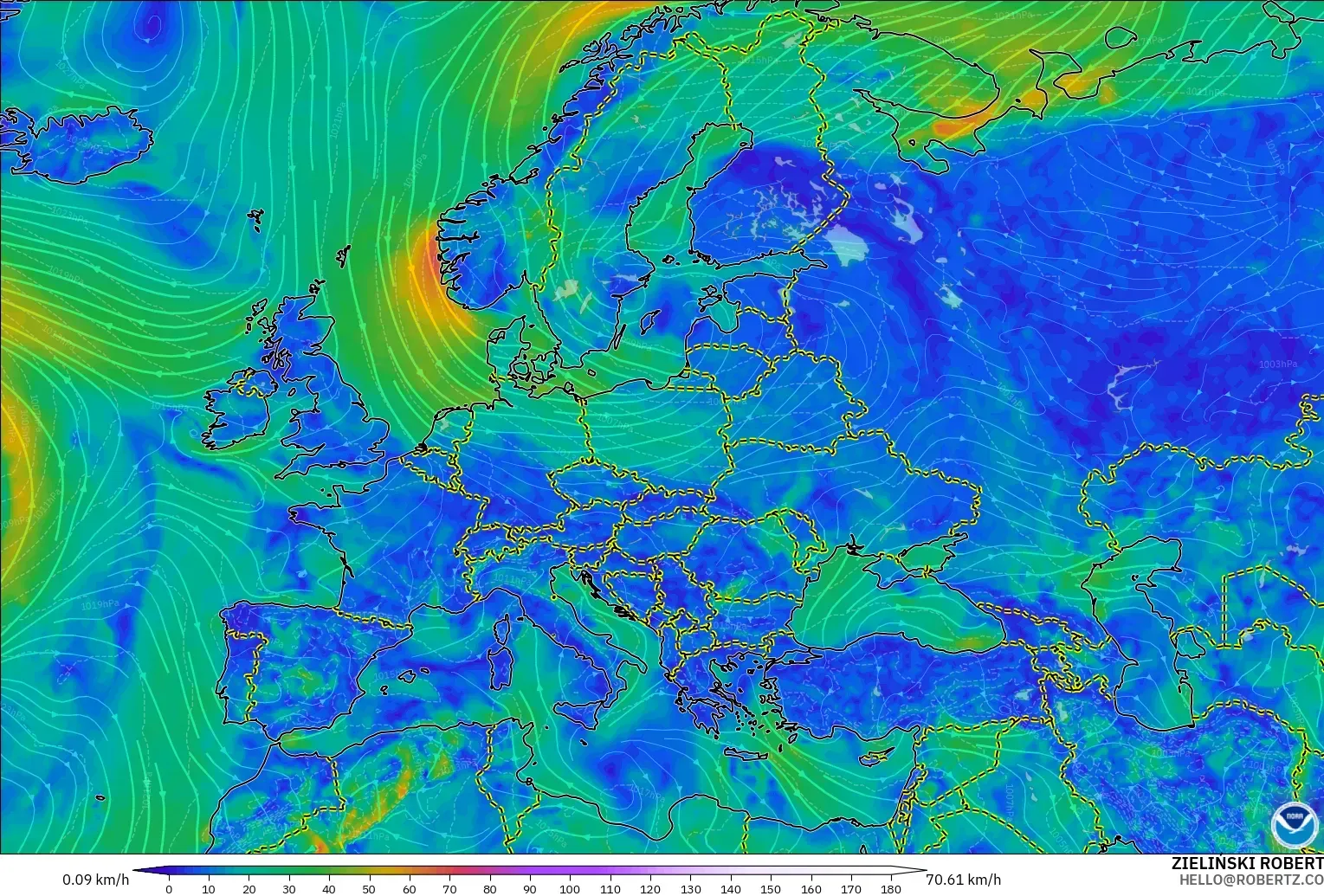 GFS model - Avrupa, 10 m Rüzgâr