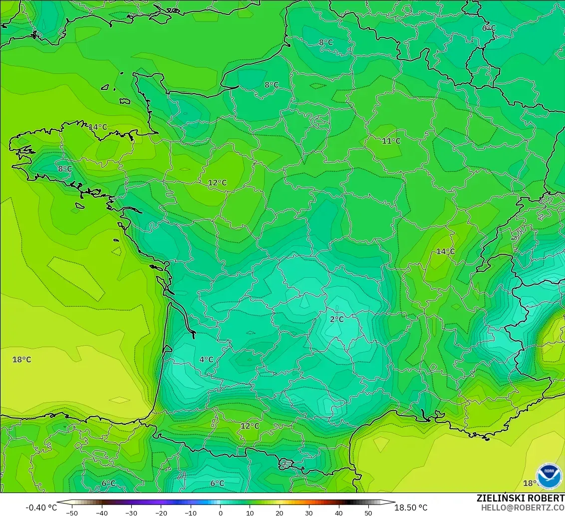 GFS model - Fransa, 2 m Çiy Noktası
