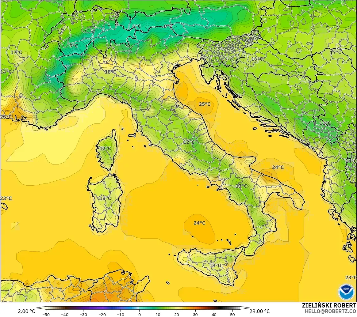 GFS model - İtalya, 2 m Sıcaklık