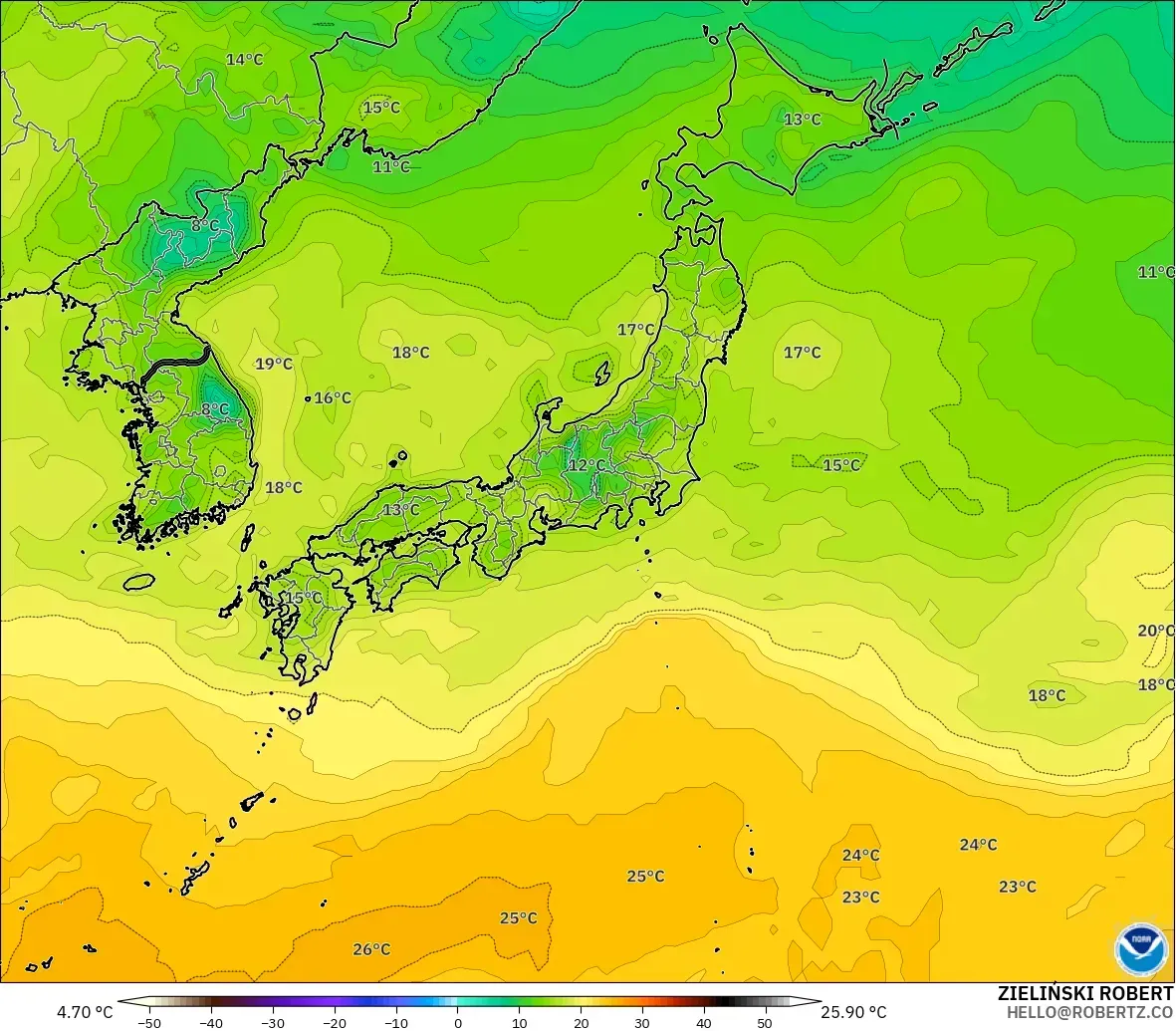 GFS model - Japonya, 2 m Çiy Noktası