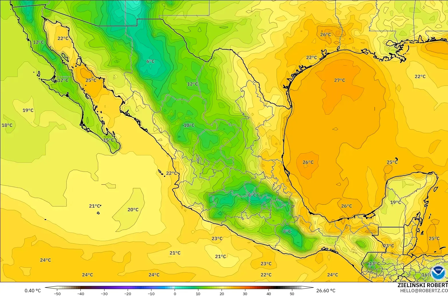 GFS model - Meksika, 2 m Çiy Noktası