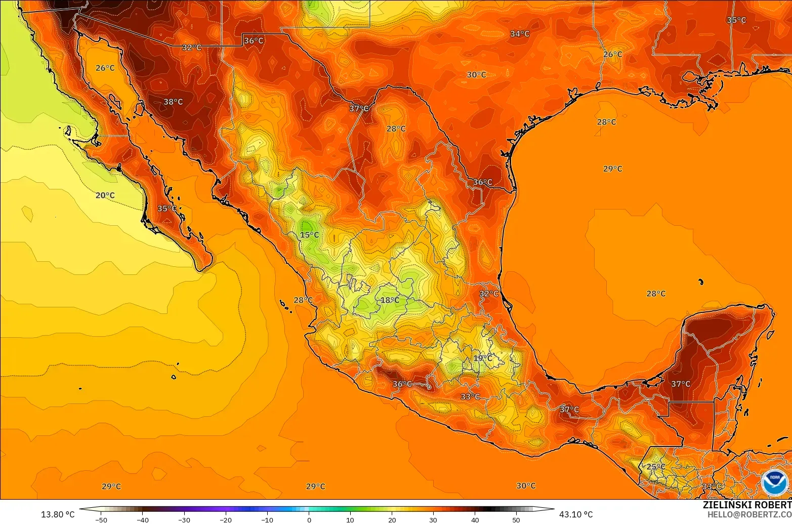 GFS model - Meksika, 2 m Sıcaklık