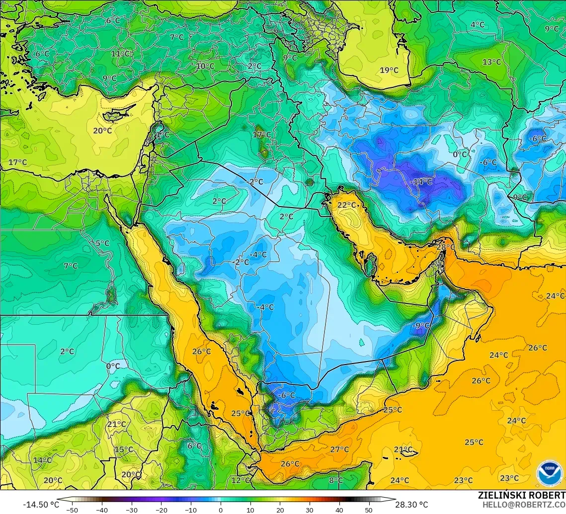 GFS model - Orta Doğu, 2 m Çiy Noktası