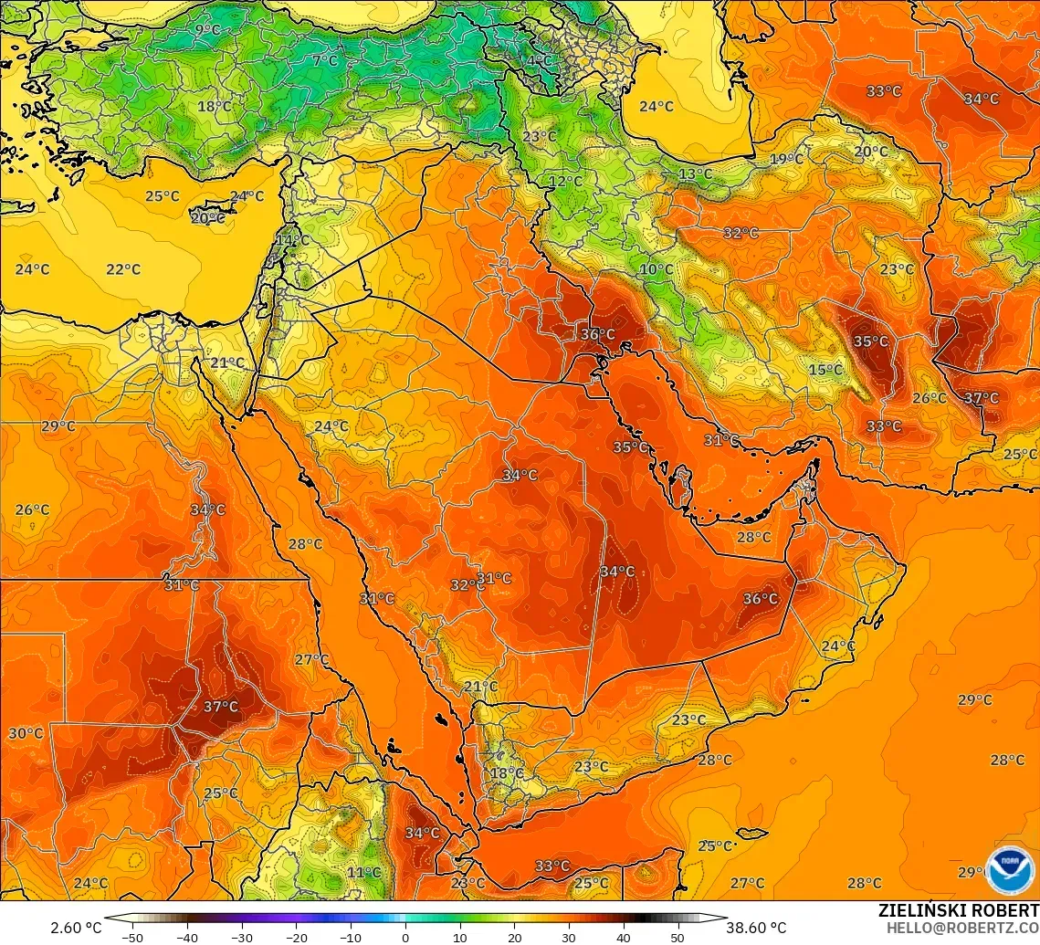 GFS model - Orta Doğu, 2 m Sıcaklık