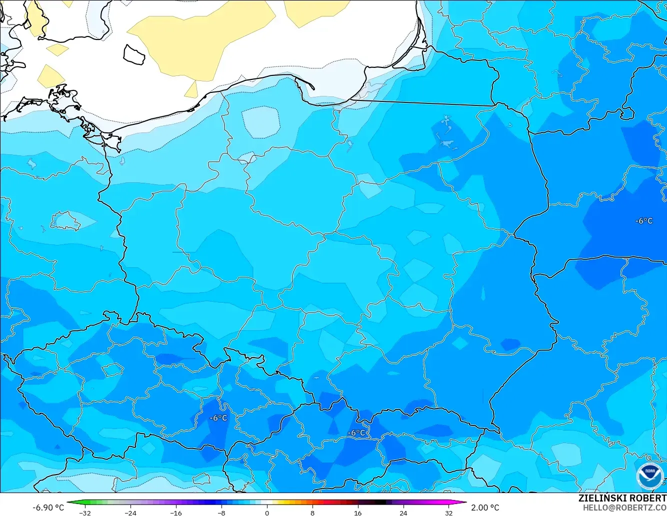 GFS model - Polonya, 2 m Sıcaklık Anomalisi