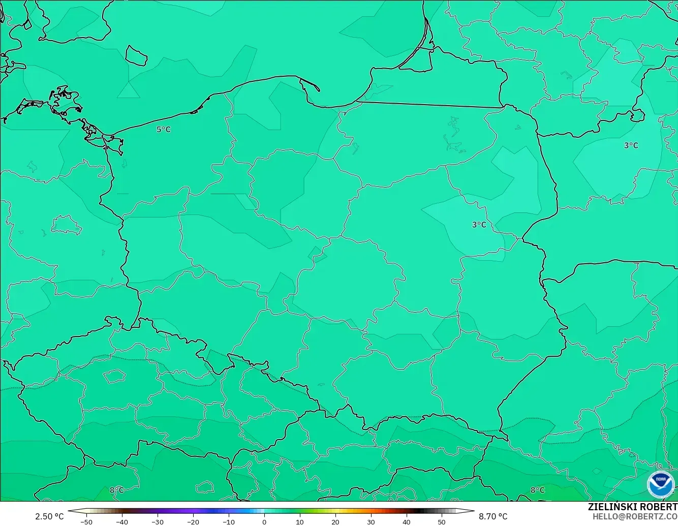 GFS model - Polonya, 850 hPa Sıcaklık