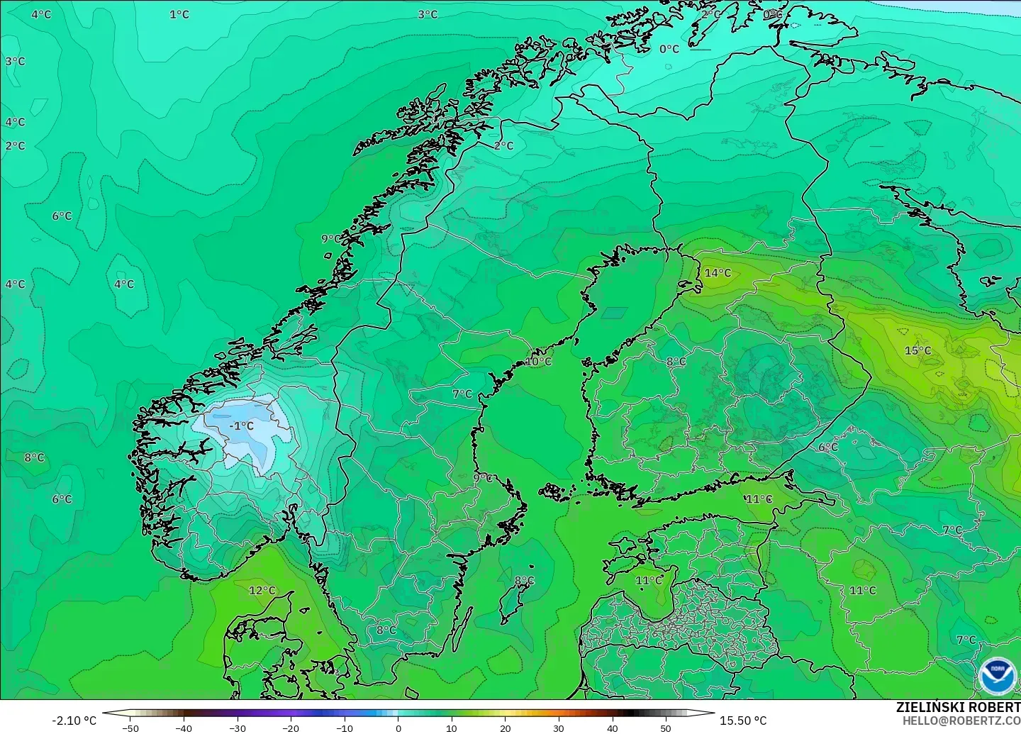 GFS model - İskandinavya, 2 m Çiy Noktası