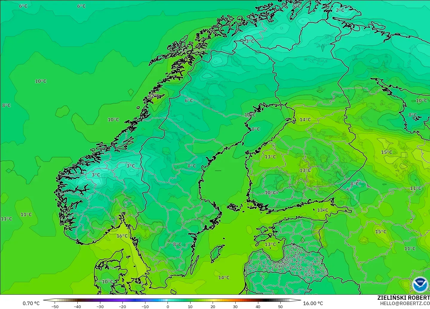 GFS model - İskandinavya, 2 m Sıcaklık