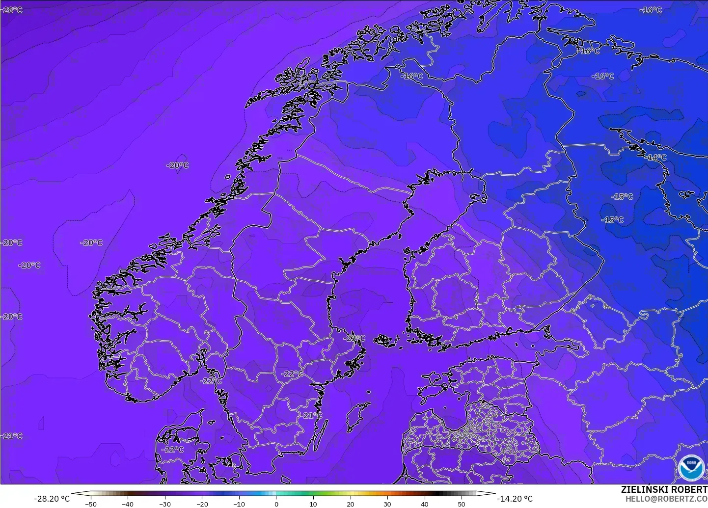 GFS model - İskandinavya, 500 hPa Sıcaklık