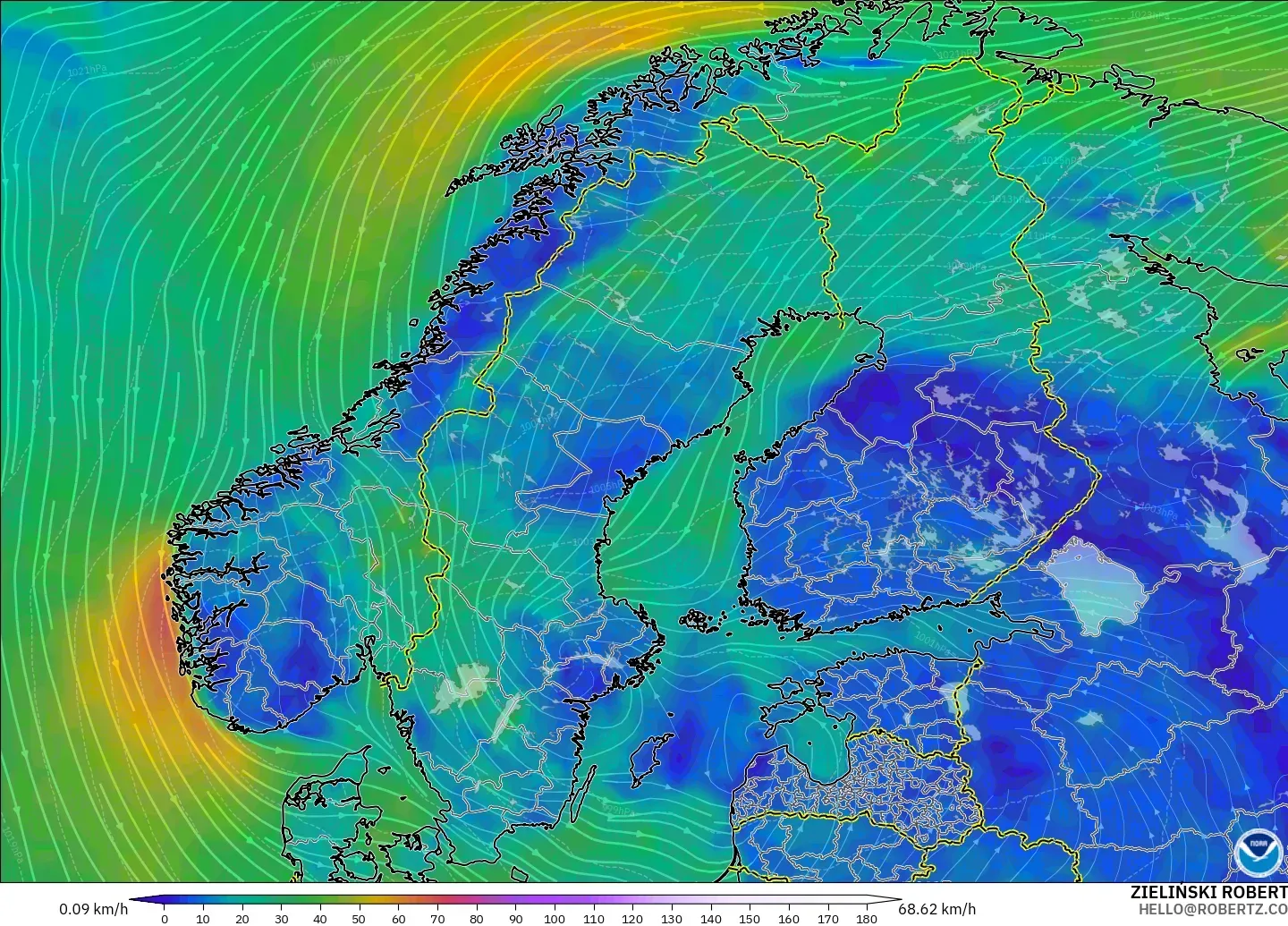 GFS model - İskandinavya, 10 m Rüzgâr