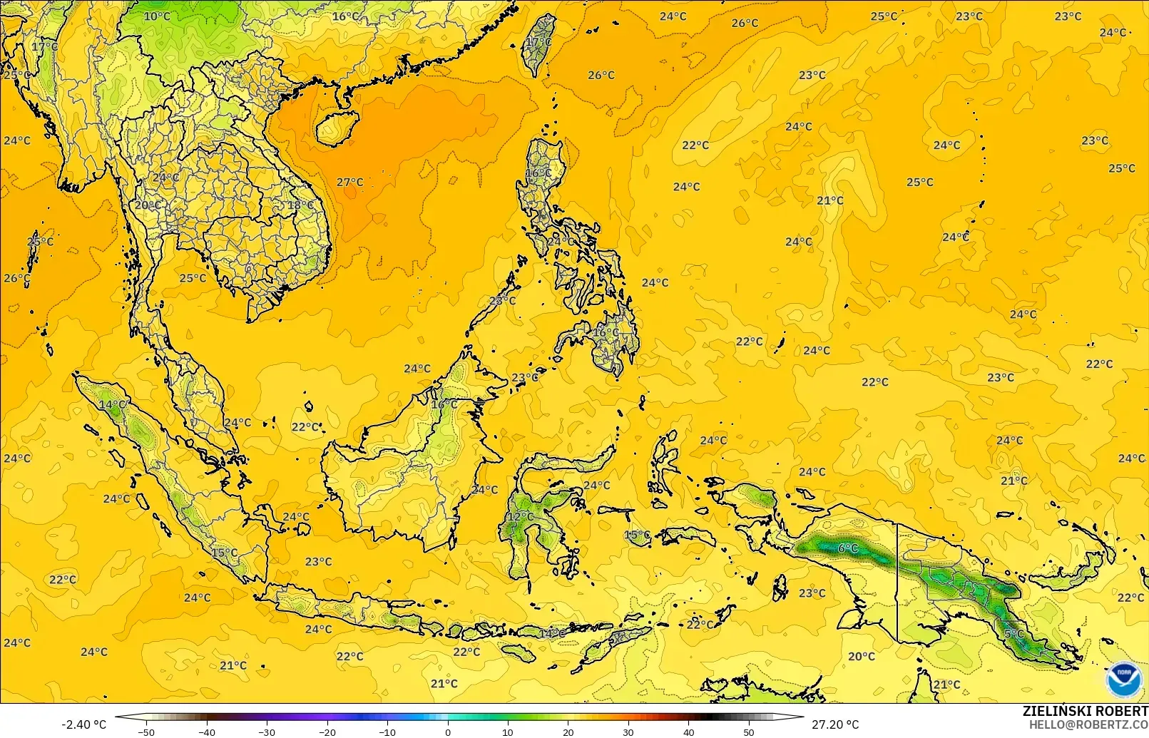 GFS model - Güneydoğu Asya, 2 m Çiy Noktası