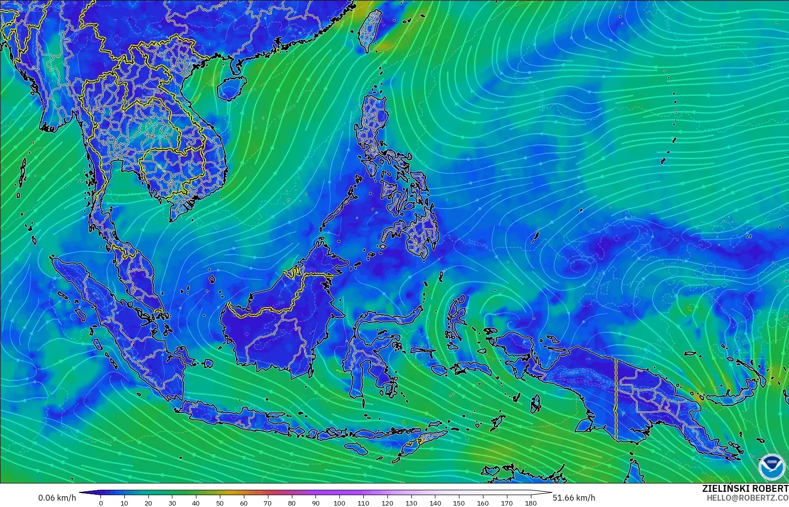 GFS model - Güneydoğu Asya, 10 m Rüzgâr