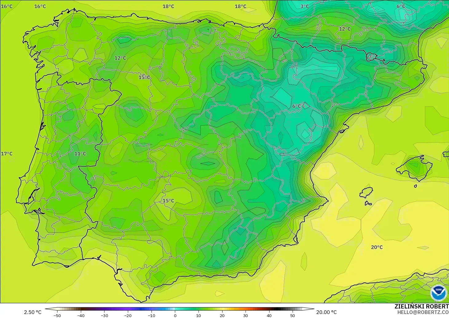 GFS model - İspanya, 2 m Çiy Noktası