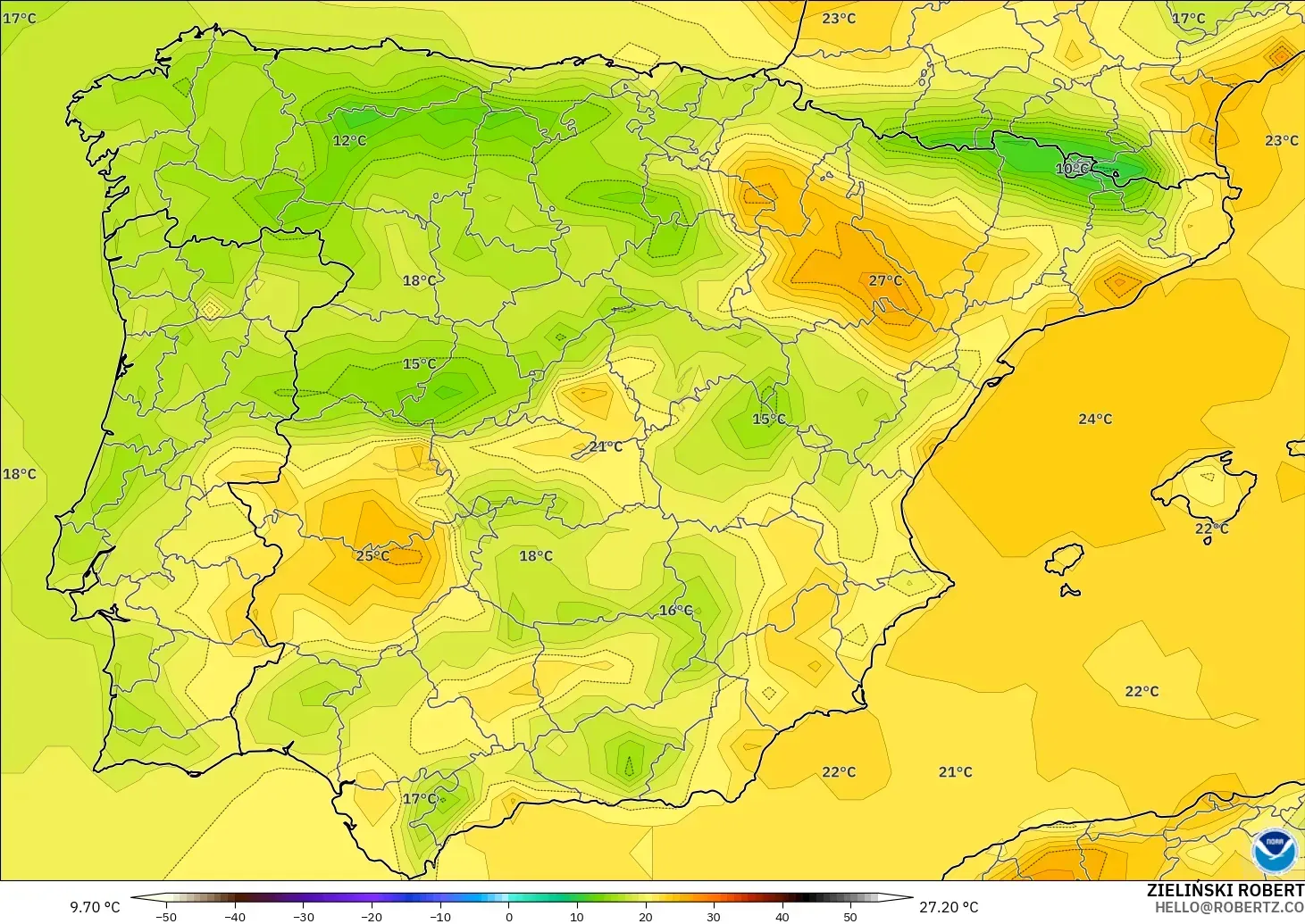 GFS model - İspanya, 2 m Sıcaklık