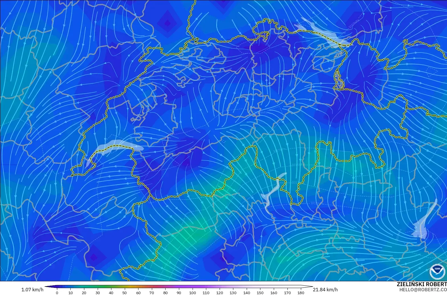 GFS model - İsviçre, 10 m Rüzgâr