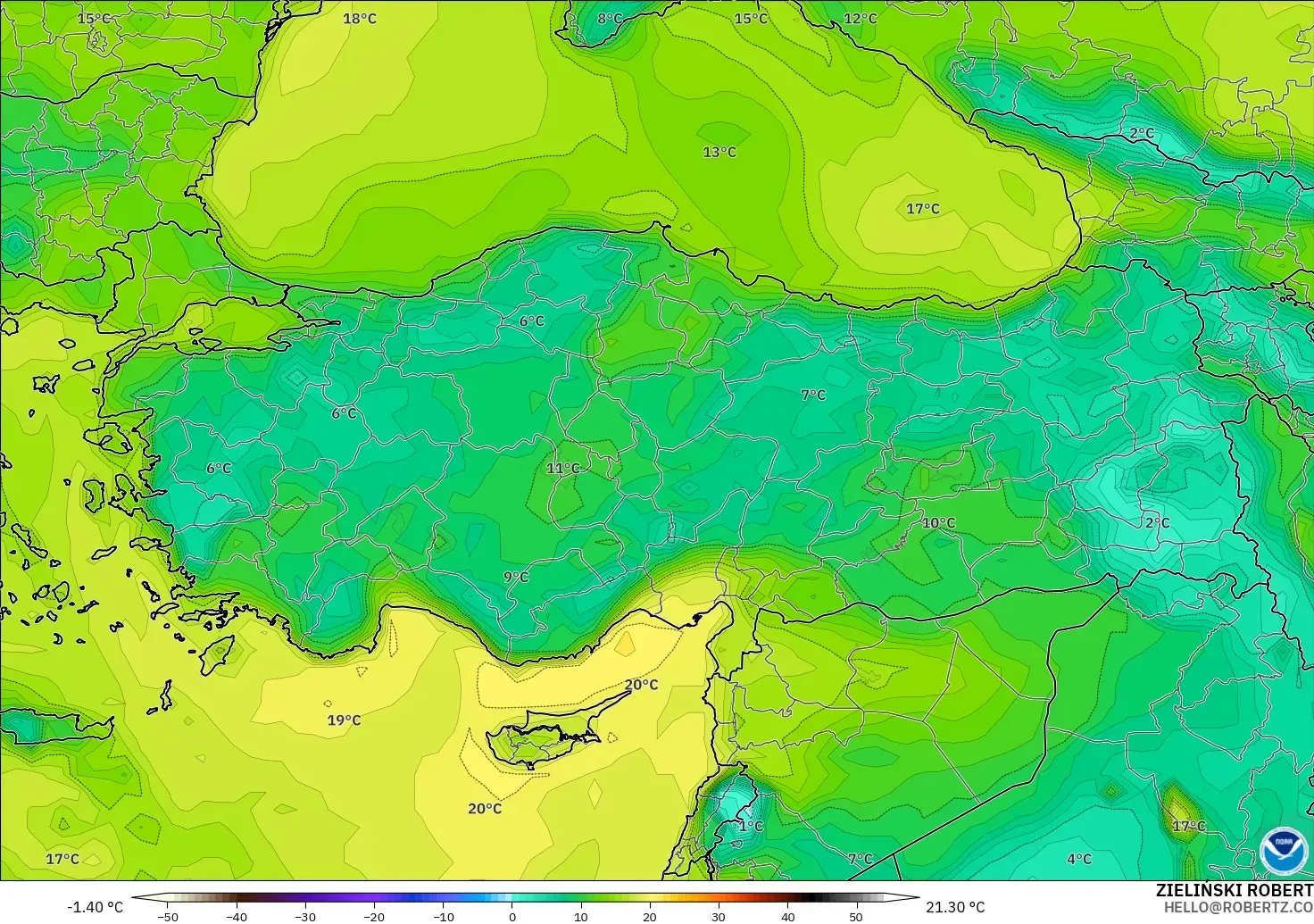GFS model - Türkiye, 2 m Çiy Noktası