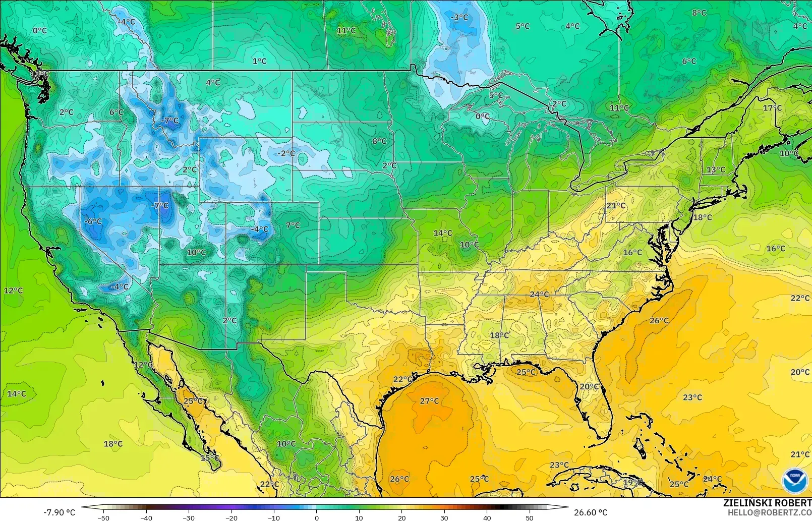 GFS model - Amerika Birleşik Devletleri, 2 m Çiy Noktası