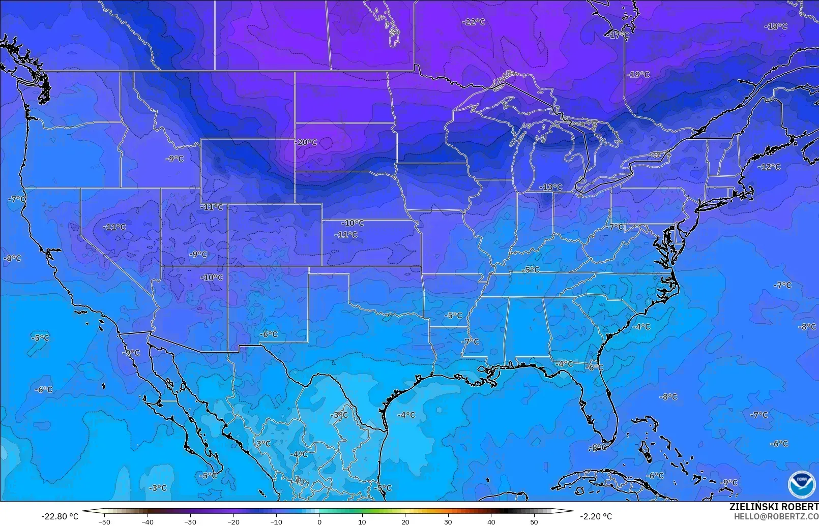 GFS model - Amerika Birleşik Devletleri, 500 hPa Sıcaklık