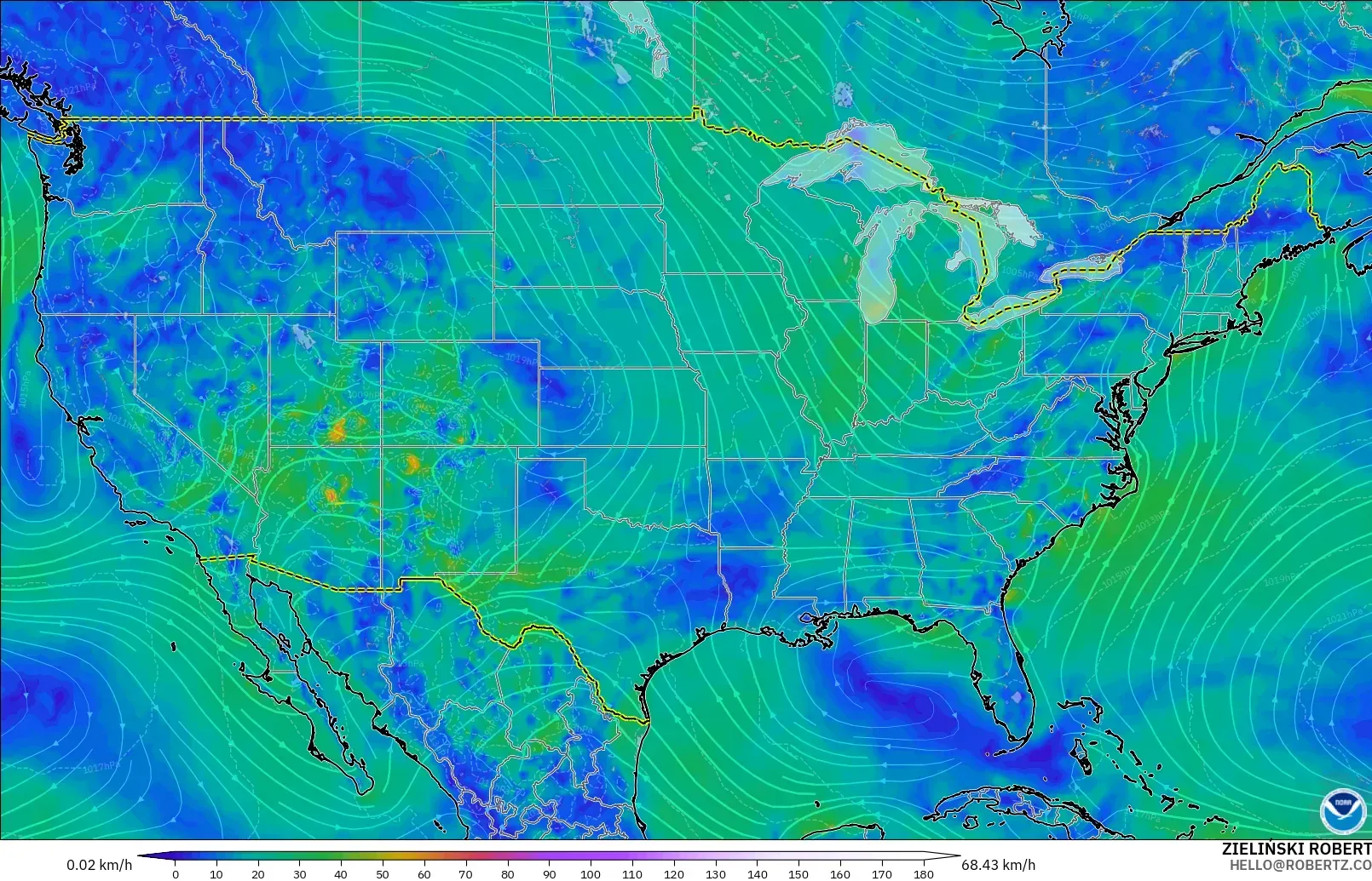 GFS model - Amerika Birleşik Devletleri, 10 m Rüzgâr