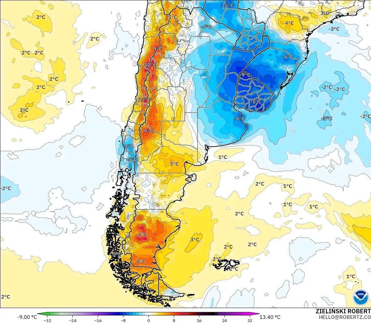 GFS model - Arjantin, 2 m Sıcaklık Anomalisi