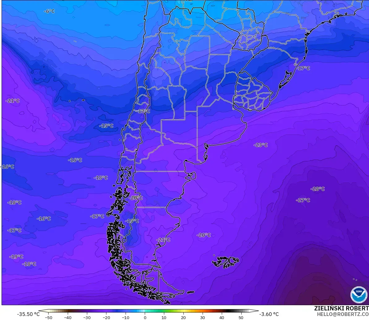 GFS model - Arjantin, 500 hPa Sıcaklık