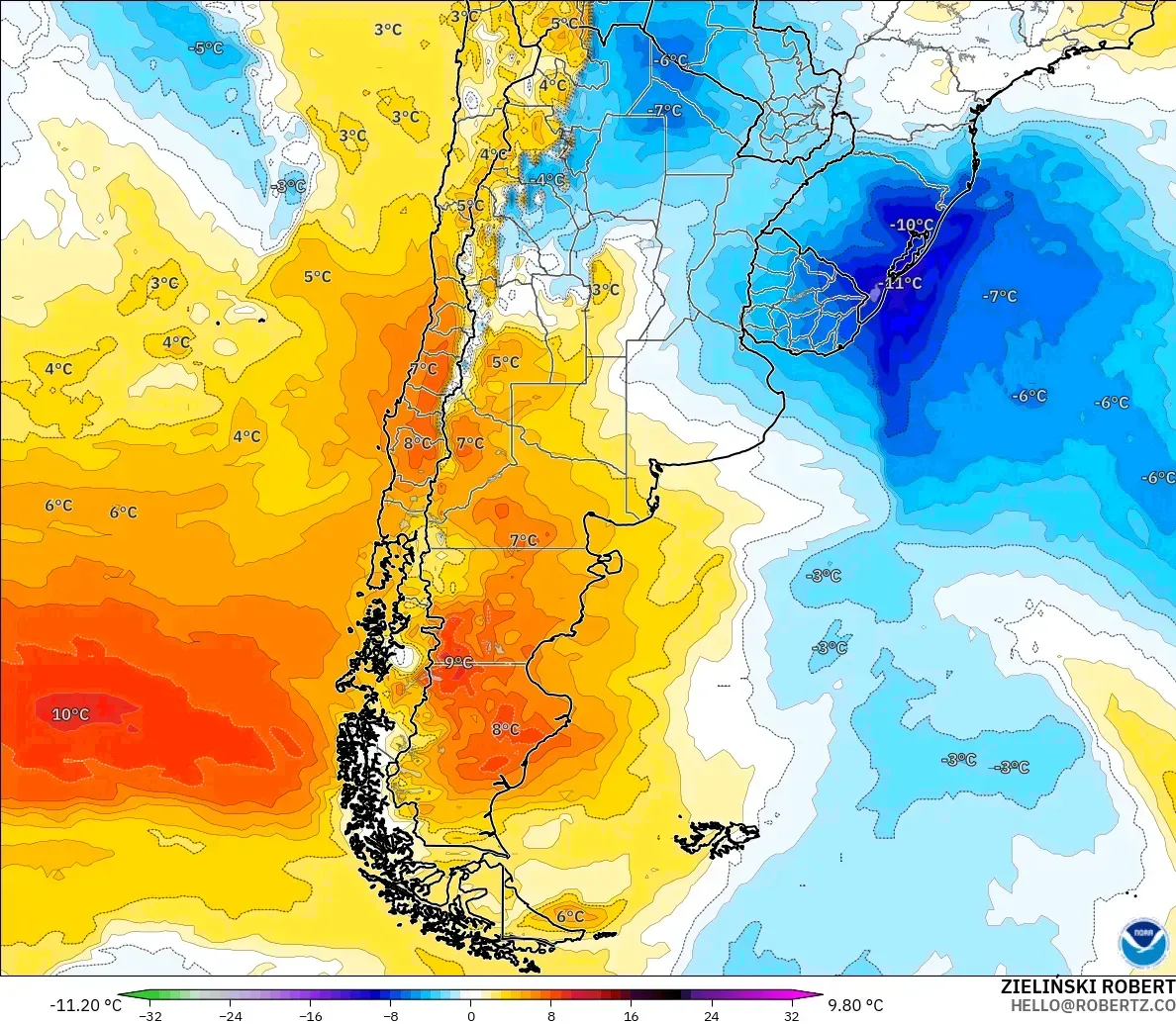 GFS model - Arjantin, 850 hPa Sıcaklık Anomalisi