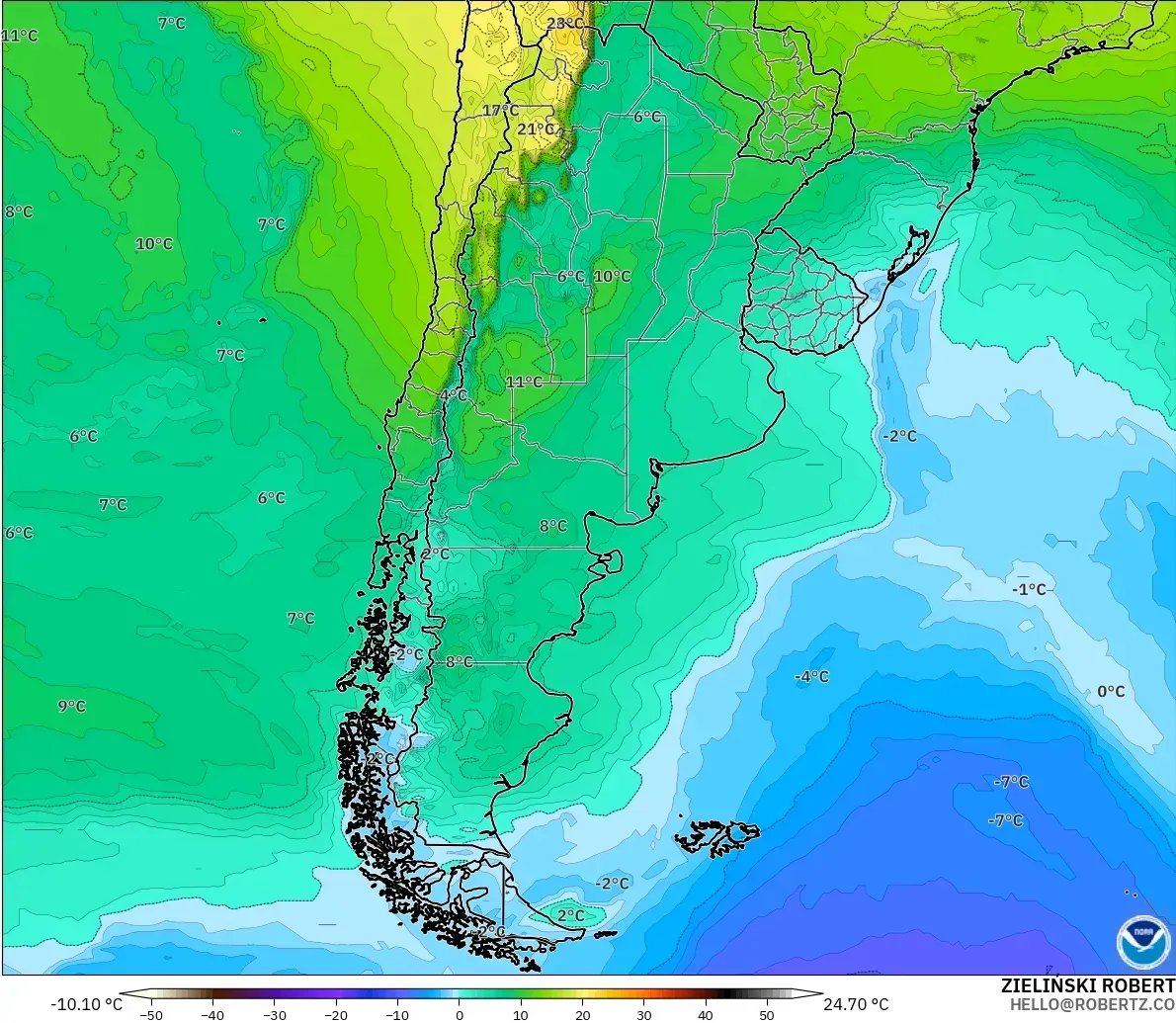GFS model - Arjantin, 850 hPa Sıcaklık