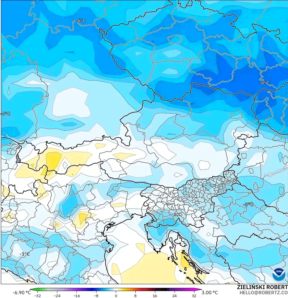 GFS model - Avusturya, 2 m Sıcaklık Anomalisi