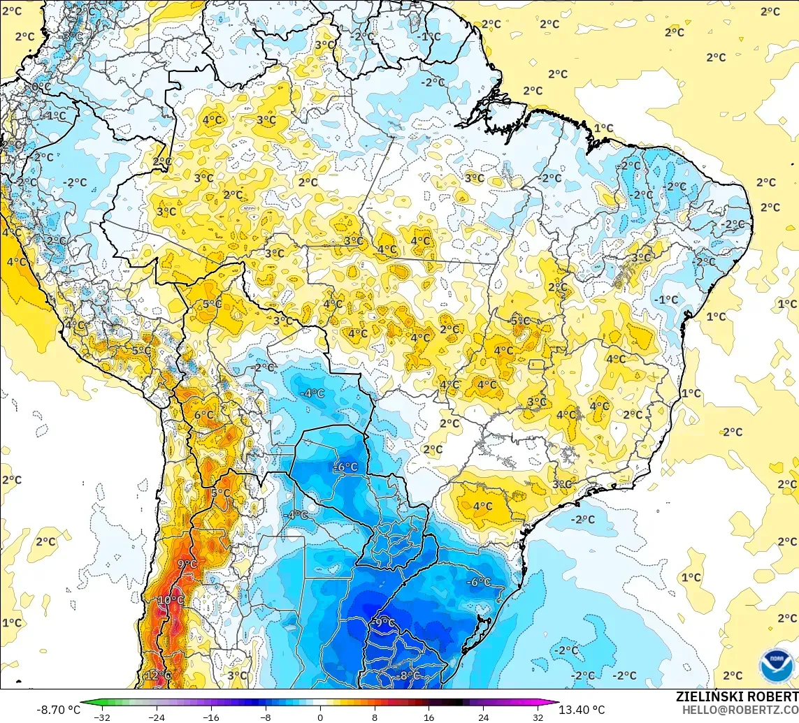 GFS model - Brezilya, 2 m Sıcaklık Anomalisi
