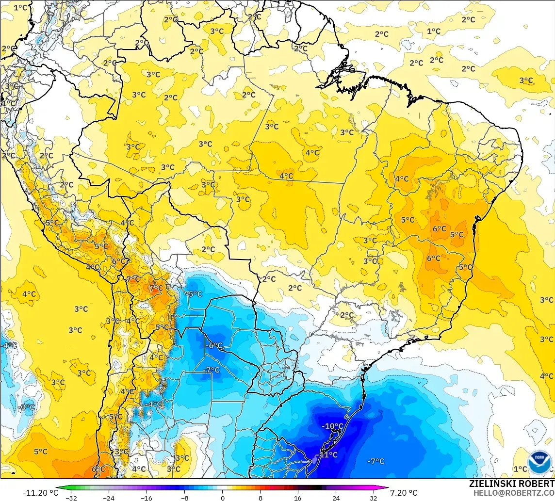 GFS model - Brezilya, 850 hPa Sıcaklık Anomalisi
