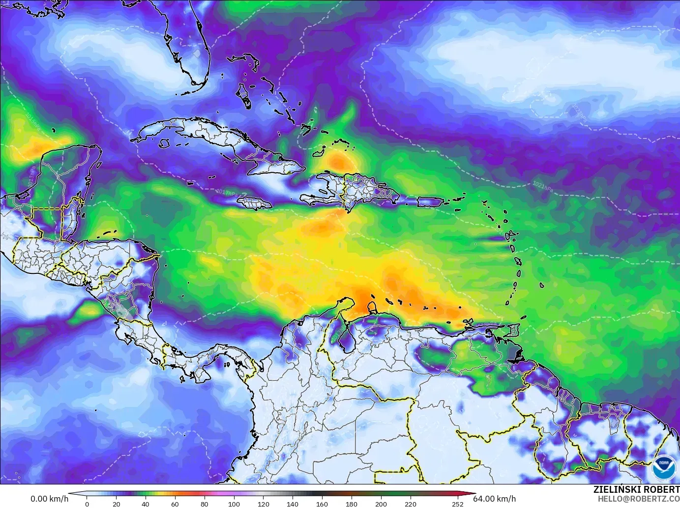 GFS model - Karayipler, En Yüksek Rüzgâr