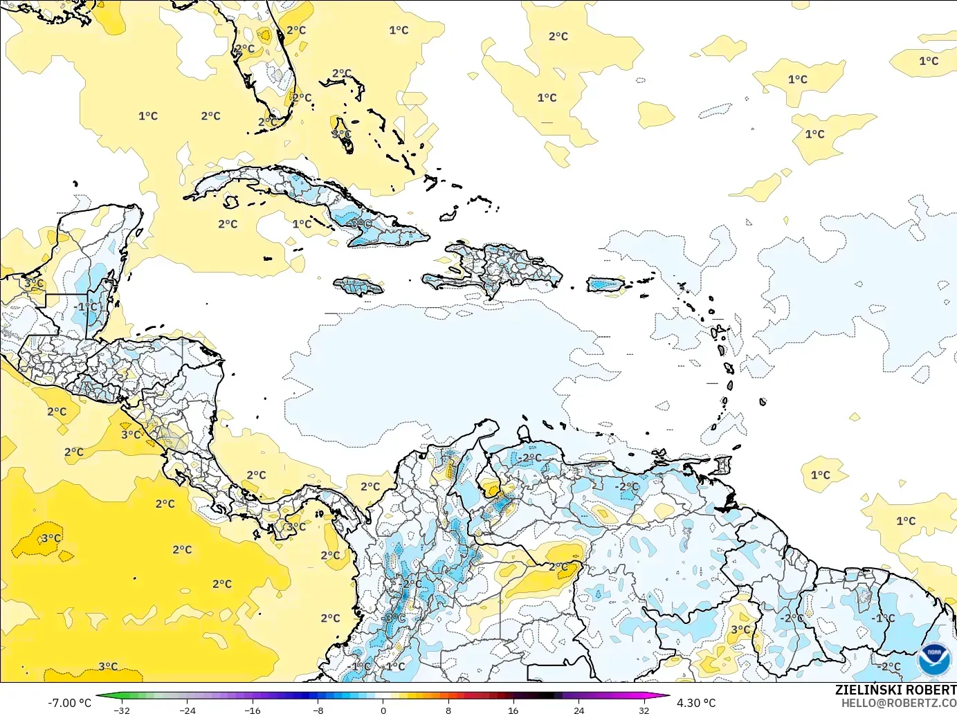 GFS model - Karayipler, 2 m Sıcaklık Anomalisi