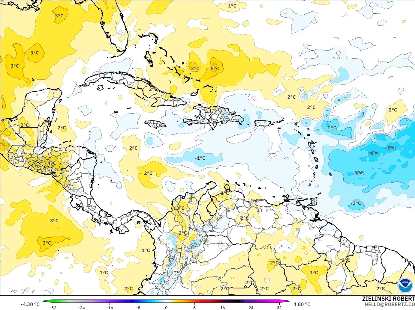 GFS model - Karayipler, 850 hPa Sıcaklık Anomalisi