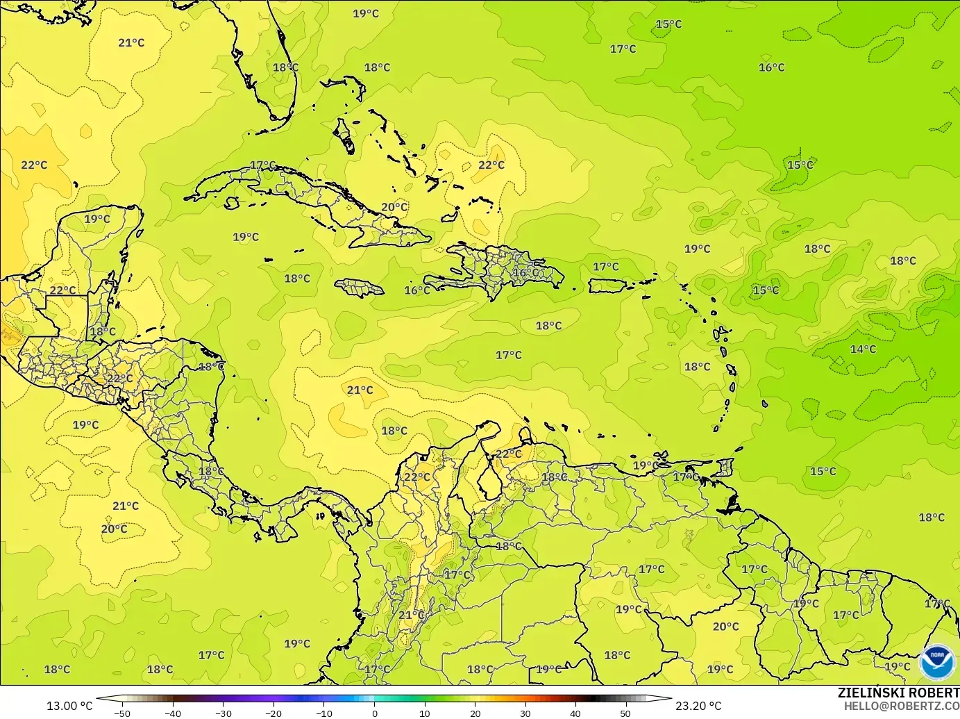 GFS model - Karayipler, 850 hPa Sıcaklık